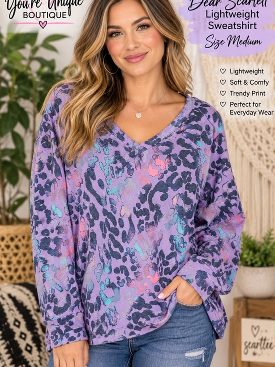 Dear Scarlett Tops - Dear Scarlett Purple Leopard Print V-Neck Sweatshirt